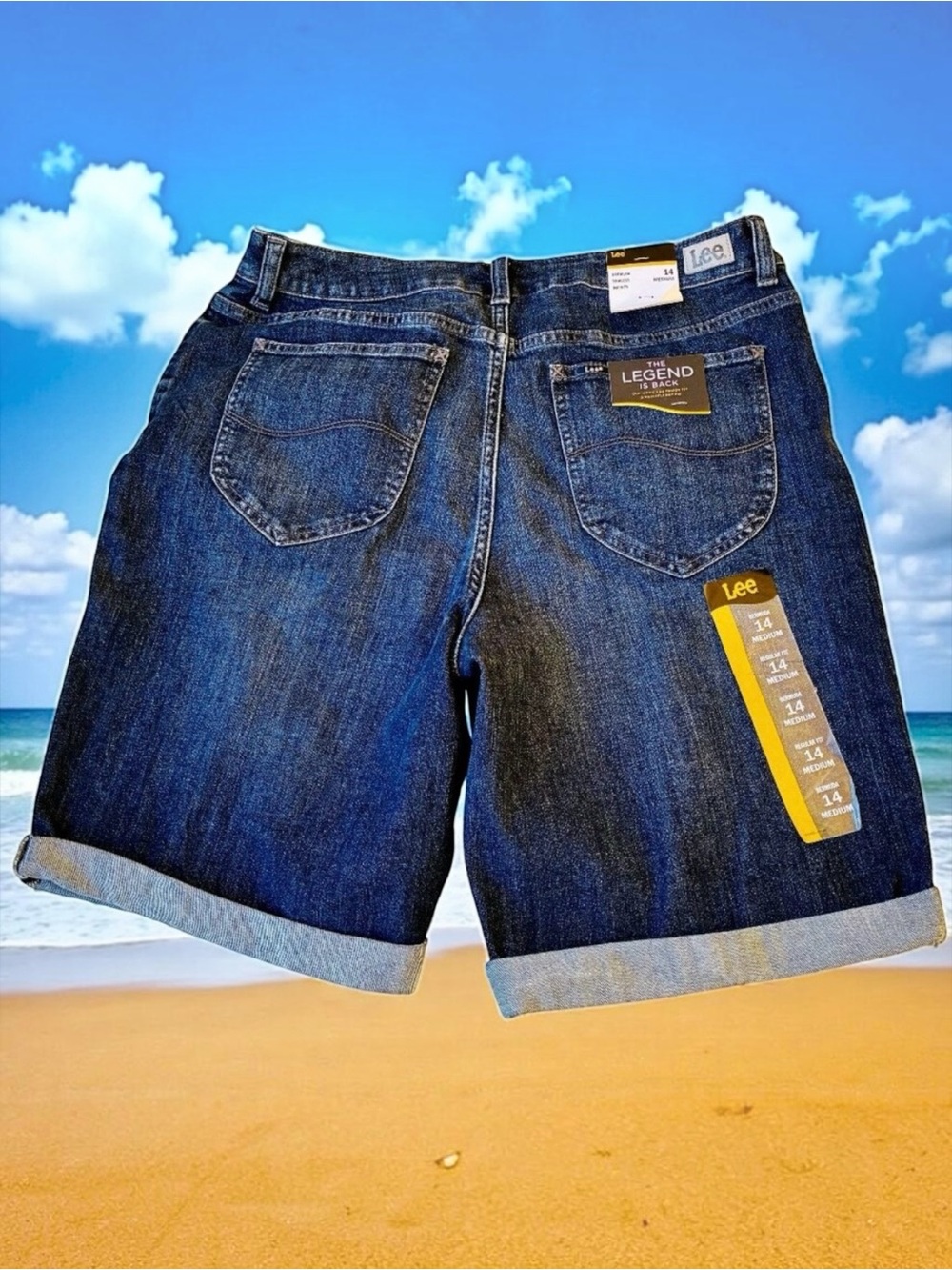 LEE Jeans Bermuda Shorts Blue Denim Mid-Rise Infnity Womens 14 New